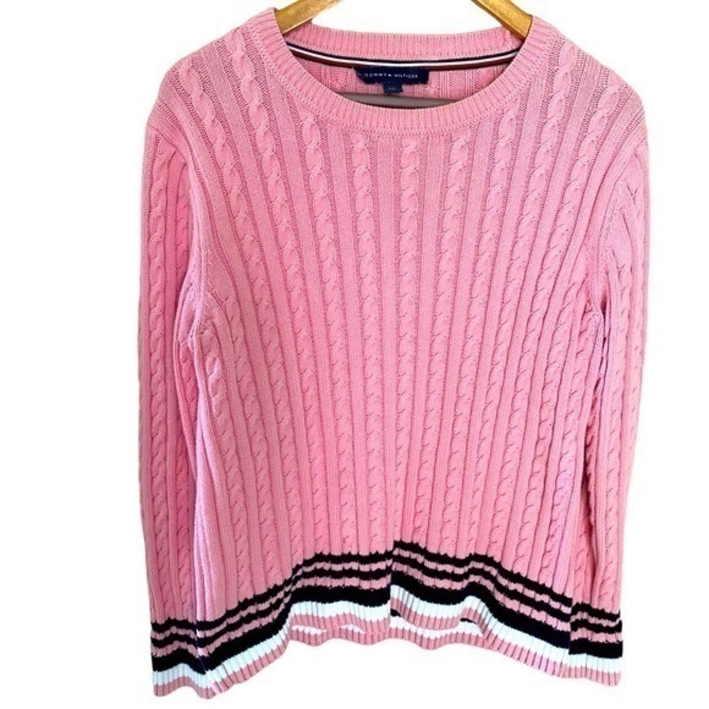 Tommy Hilfiger Women's Pink Cable Knit Tipped Sleeve Sweater size large cotton